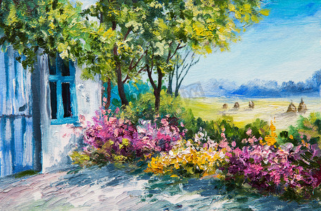 仙女摄影照片_油画风景-花园附近的房子，五颜六色的鲜花，夏季森林