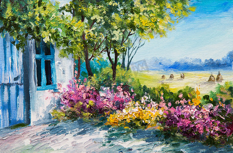 油画风景-花园附近的房子,五颜六色的鲜花,夏季森林