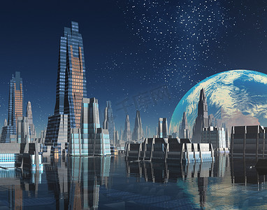 外星世界的未来派月球基地城市