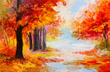 油画风景-丰富多彩秋天的树林 