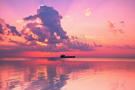 红色的太阳卡通手绘摄影照片_美丽的玫瑰海上日落