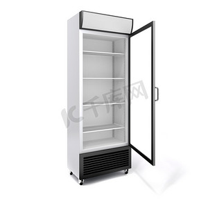 制冷设备摄影照片_3d 商用冰箱带白色背景上的玻璃门
