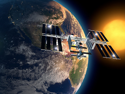 穿梭摄影照片_国际太空站在环绕地球的轨道.