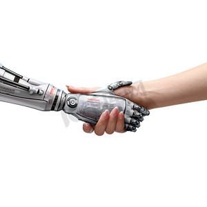 机甲人摄影照片_女性人类和机器人的握手