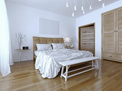 卧室落地灯摄影照片_美丽的、 现代化的家居和酒店卧室