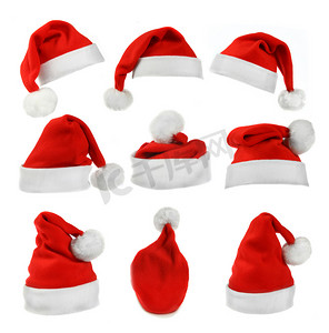 八宝摄影照片_孤立在白色背景上的红色圣诞老人帽子一套