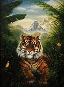 老虎在丛林景观休息，美丽详细布面油画