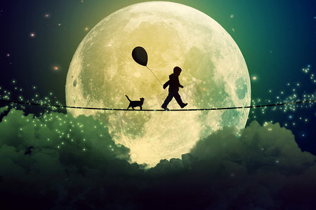 月光下的猫摄影照片_少年和猫和气球走在云层之上的紧绳