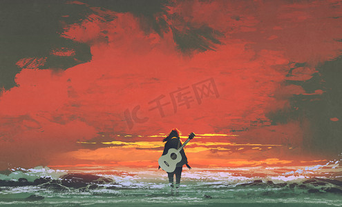 水彩红色天空摄影照片_吉他上回来站在海中的女人