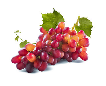 夏天元素海报摄影照片_红葡萄长束和孤立的白色背景上的叶子