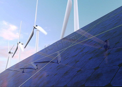 太阳能电池板和风力发电机对蓝蓝的天空
