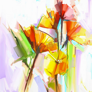 抽象油画春天的花朵。静物的黄色