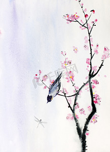 樱桃水彩画摄影照片_樱花树枝上的小鸟