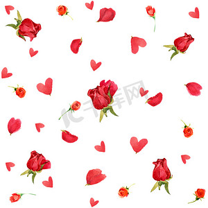 红玫瑰背景图摄影照片_情人节那天。玫瑰和红心的背景。水彩