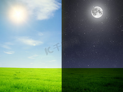 夜晚的月亮摄影照片_在白天和夜晚的领域绿色领域