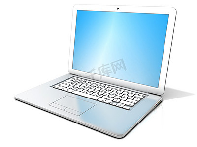 隔摄影照片_3d 渲染的蓝色屏幕，白色背景上隔离开银笔记本电脑