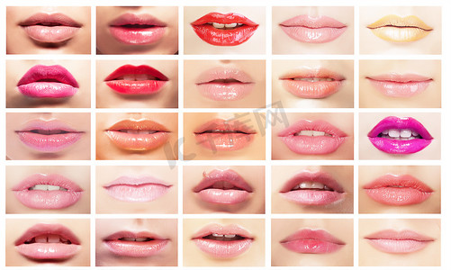 多彩多姿的嘴。一套的妇女的嘴唇。亮妆 & 化妆品