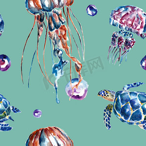 水母壁纸摄影照片_水母与海龟的无缝模式。水彩插图.
