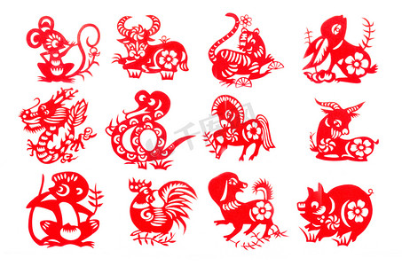 鼠标符号摄影照片_Chinese zodiac 12 set red paper cut collection traditional which import from China for decoration in Chinese new year festival .