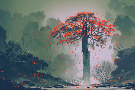 飘落的树叶，在冬季森林孤独红秋树