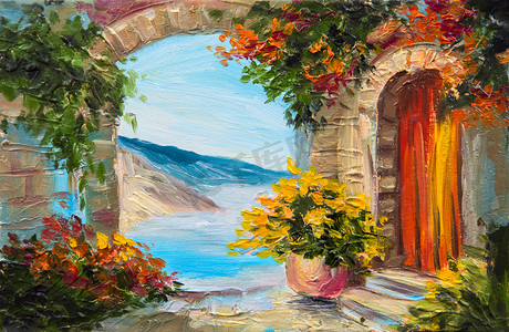 克力摄影照片_油画-房子靠近海，五颜六色的鲜花，夏季海洋