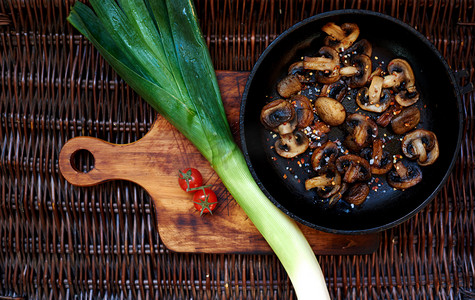 There are mushrooms in a deep frying pan