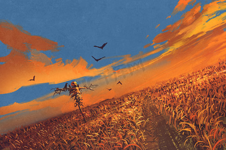 玉米田与稻草人和日落的天空秋天