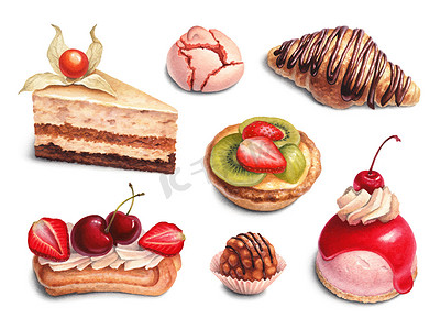 蛋糕烘焙海报摄影照片_水彩插图的甜点. 