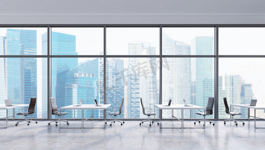 Workplaces in a modern panoramic office, Singapore city view in the windows. Open space. White tables and black leather chairs. A concept of financial consulting services. 3D rendering.