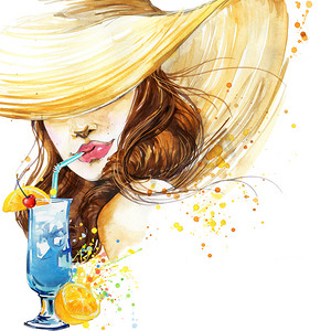 矿泉水海报图摄影照片_beautiful young woman with fruit cocktail. Girl and beach cocktail party. cocktail party poster background. watercolor illustration