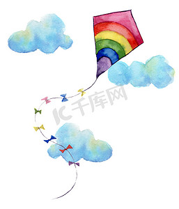 游戏插图摄影照片_打印与彩虹空气风筝和云的水彩画。手绘复古风筝标志花环与复古的设计。孤立在白色背景上的插图
