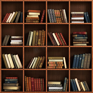 图书馆的书架上装满了书。在木架子上的书.