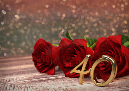 玫瑰渲染摄影照片_生日概念与红色玫瑰木桌上。第四十届。40.3d 渲染