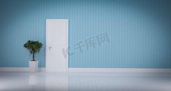 3d房间壁纸摄影照片_白色的门，蓝墙房间 3d 渲染上