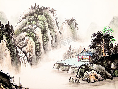 山水画风景摄影照片_中国山水画水彩