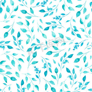 蓝色和绿色的水彩图案叶子和花朵