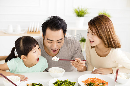 幸福的亚洲年轻家庭享受他们的午餐 