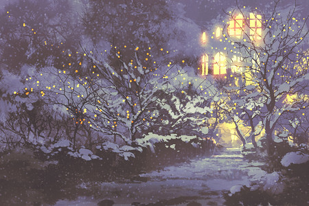 下雪的冬天小巷和树上的圣诞灯在公园的夜景