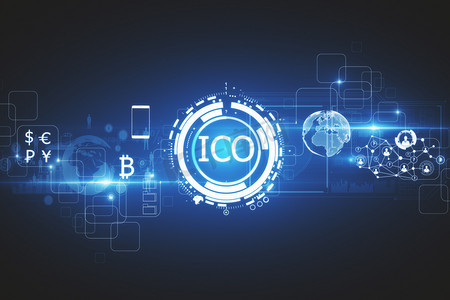 抽象发光数字货币按钮 Ico 初始硬币提供虚拟数字电子用户接口上。商务的概念。3d 渲染 