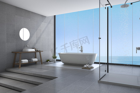 modern摄影照片_3d rendering beautiful steps modern bathroom near sea view