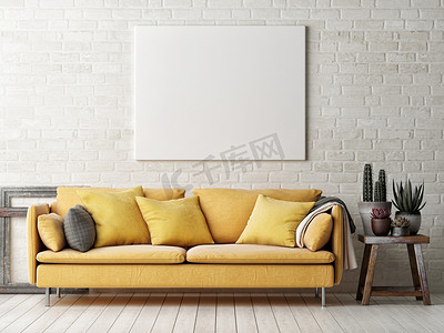 黄色风格摄影照片_黄色沙发、仙人掌和木制框架的海报