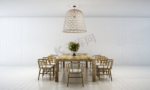 饭桌摄影照片_室内设计的白色餐厅和木餐桌 