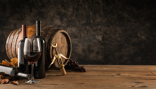 文化理念摄影照片_酒窖、木桶、葡萄酒瓶收藏品: 传统酿酒和品酒理念