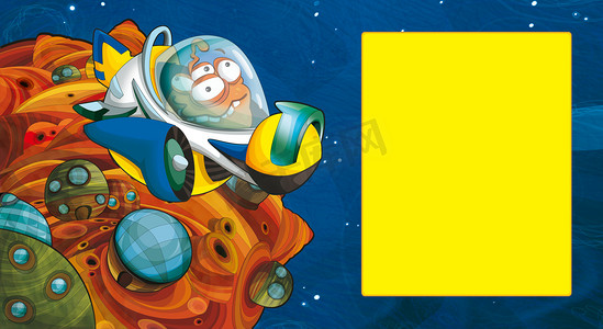 卡通场景摄影照片_卡通场景与一些有趣的前瞻外星人飞行在一些行星空间附近的飞碟车儿童文本插图