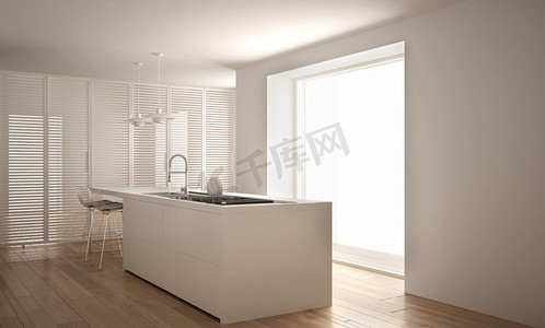 现代白色厨房与海岛和大窗口, 简约建筑室内设计