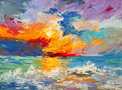 水彩手绘几何图形摄影照片_五彩的日落在地平线上，水彩，油画的大海