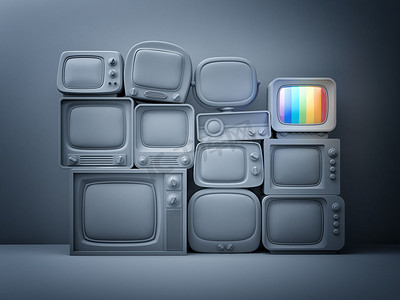 电视与网络摄影照片_堆的复古电视与一个在待机状态