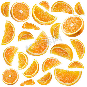水果集合切片摄影照片_一套成熟的橙色水果和橙色切片在白色分离.