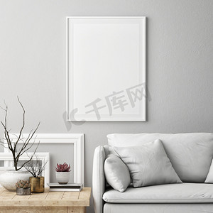 模拟海报在北欧客厅内部, 白色舒适的沙发与家具, 3d 渲染, 3d 插图