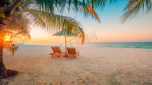 美丽的海滩背景，夏天的旅行与阳光，椰子树和沙滩木床，沙滩上美丽的蓝色大海和蓝天。夏日心情阳光沙滩背景概念.